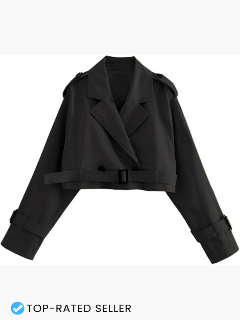 Cropped Trench Coat Double Breasted Short Jacket Women's Classic Lapel Belted